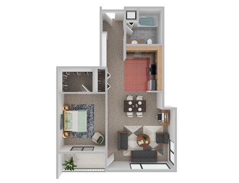 A 3D floor plan of a small apartment with a kitchen, living room, and bathroom.